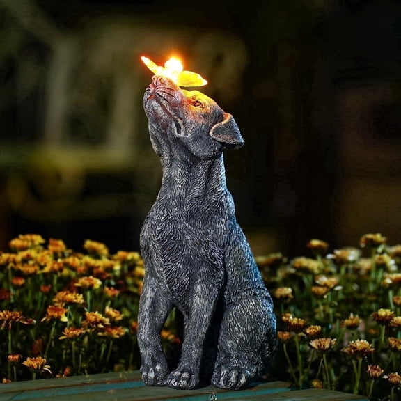 Goodeco Solar Garden Statue Dog Figurine – Outdoor Decoration with Butterfly for Garden Yard Decor