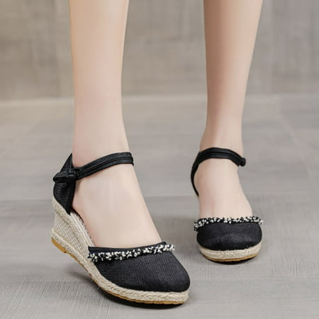 

HIBRO Fashion Women Summer Weave Embroidery Comfortable Wedges Shoes Beach Round Toe Breathable Sandals