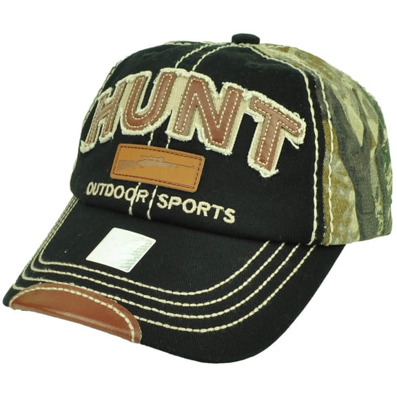 Outdoor Sports Hunt Hunting Distressed Camouflage Relaxed 2 Tone Hat Cap Black