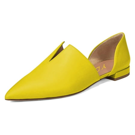 YDN Women Classic Pointed Closed Toe D Orsay Ballet Flats V Cut Chunky Low Heels Slip On Office Dress Loafer Casual Shoes Size 6 Yellow