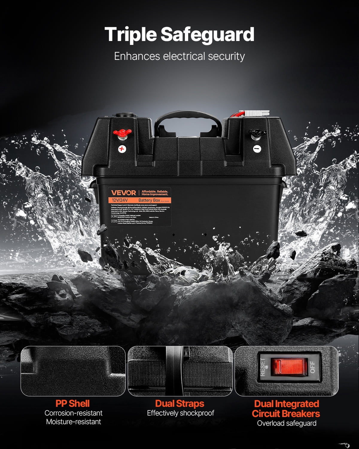 VEVOR Battery Box, Group 24/31 Trolling Motor Battery Box, 12V/24V Marine Batteries Case with PP Shell and Dual Straps,Smart Batteries Case,Suitable for Trolling Motor,Marine,RV & Solar Panel