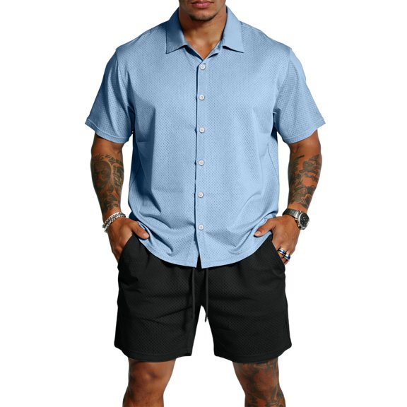 Hogleaql Men's 2 Pieces Linen Set Summer 2026 Short Sleeve Button Shirts and Shorts Tracksuits Elastic Waist Casual Loose Fit Lightweight Matching Sets with Pockets Light Blue XL