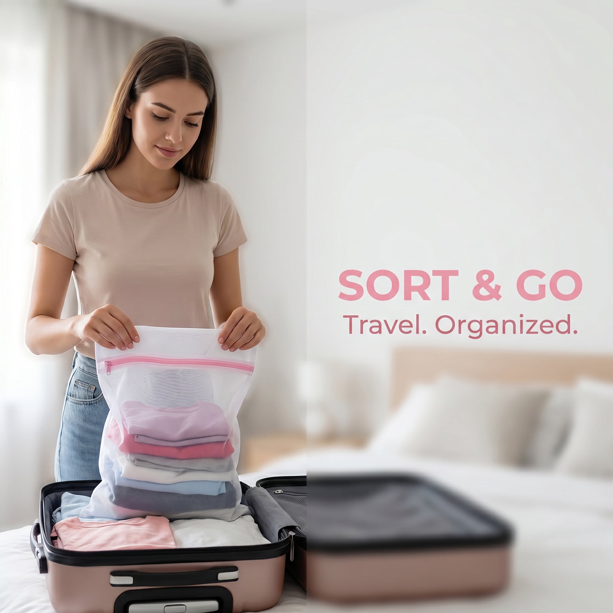 Unique Bargains 3Pcs Durable Mesh Zipper Closure Laundry Bag White-Pink 11.8" x 15.7"