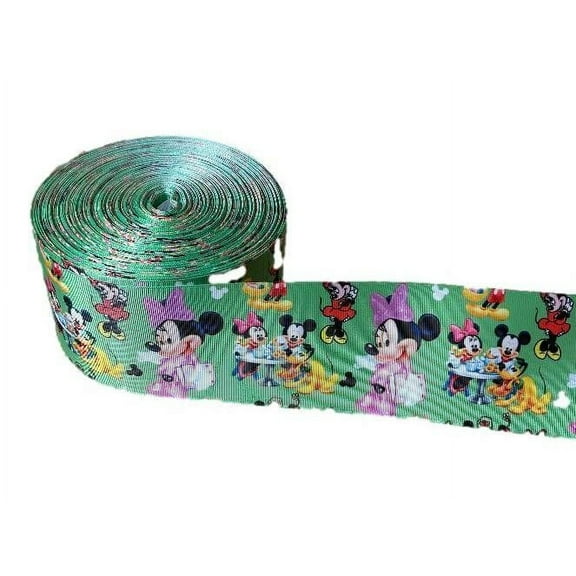 Mickey And Minnie Cartoon Characters Green Border 3" Wide 3 Yards Long Repeat Ribbon