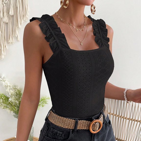 ZOELNI Womens Sleeveless Tank Tops Ruffle Strap Square Neck Eyelet Blouse Slim Fit, XS