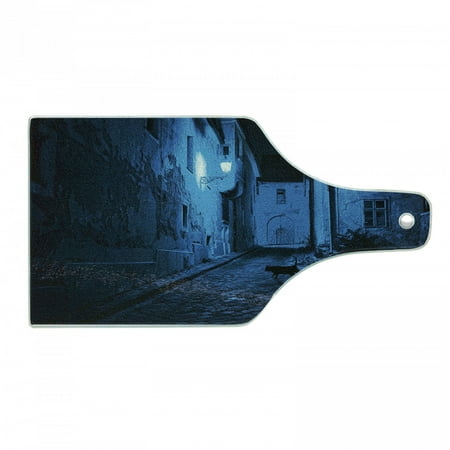 

Urban Cutting Board Black Cat Crossing Deserted Street at Night Mysterious Old European Town Alley Tempered Glass Cutting and Serving Board Wine Bottle Shape Blue Black White by Ambesonne