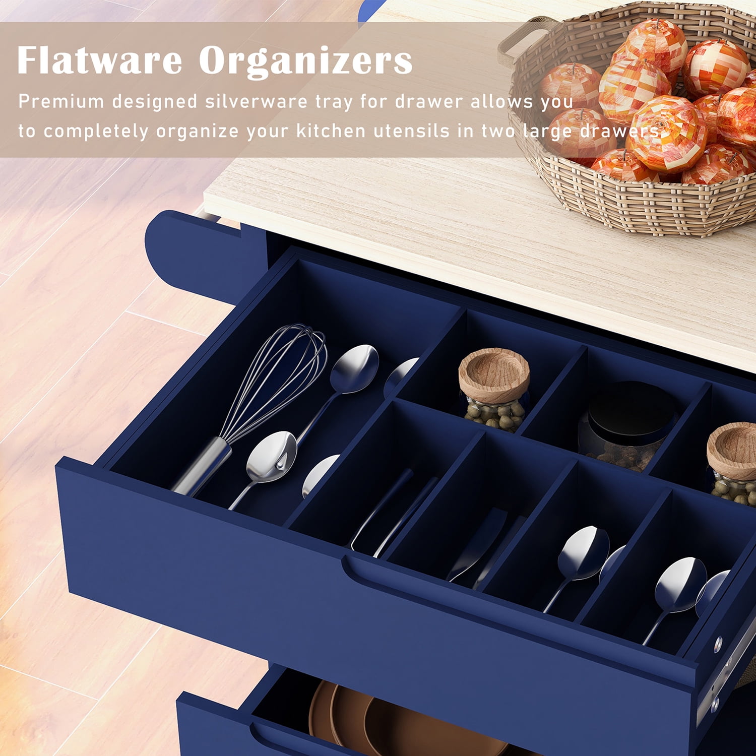 Kepooman 53.15 Inch Width Indoor Modern Rolling Kitchen Cart, Rubber Wood Kitchen Cart on Wheels with Spice Rack, Towel Rack-Grey Blue Kepooman 53.15 Inch Width Indoor Modern Rolling Kitchen Cart, Rubber Wood Kitchen Cart on Wheels with Spice Rack, Towel Rack-Grey Blue