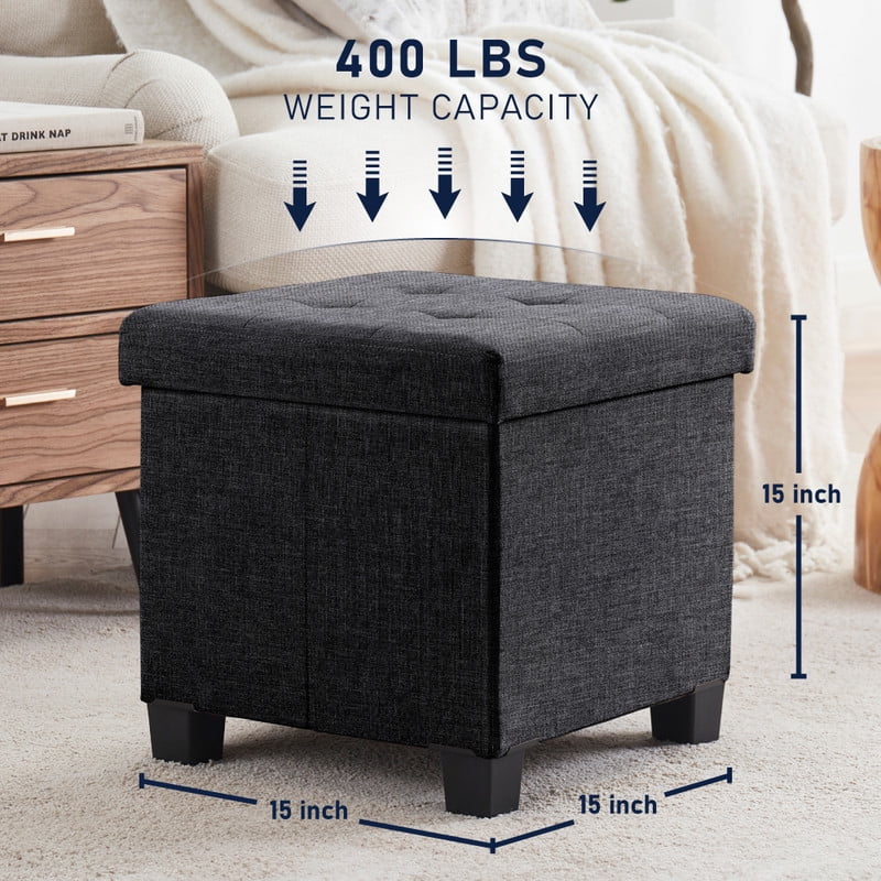 Ornavo Home 15 Inch Folding Storage Ottoman with Storage, Square Cube Linen Small Storage Ottoman Foot Rest Stool with Legs