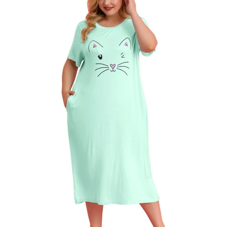 

Unique Bargains Women s Plus Nightgown Short Sleeve Cat Print Nightshirt
