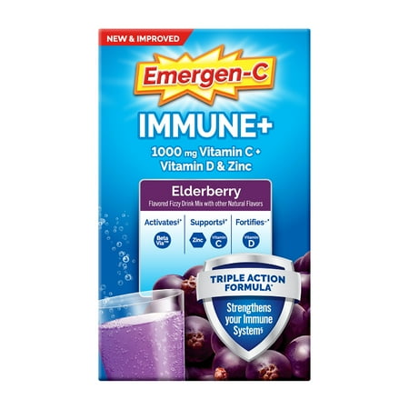 Emergen-C Immune+ Triple Action Immune Support Powder, Betavia (R), 1000Mg Vitamin C, B Vitamins, Vitamin D and Antioxidants, Elderberry – 18 Count
