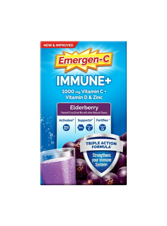 Emergen-C Immune+ Triple Action Immune Support Powder, Betavia (R), 1000Mg Vitamin C, B Vitamins, Vitamin D and Antioxidants, Elderberry 18 Count