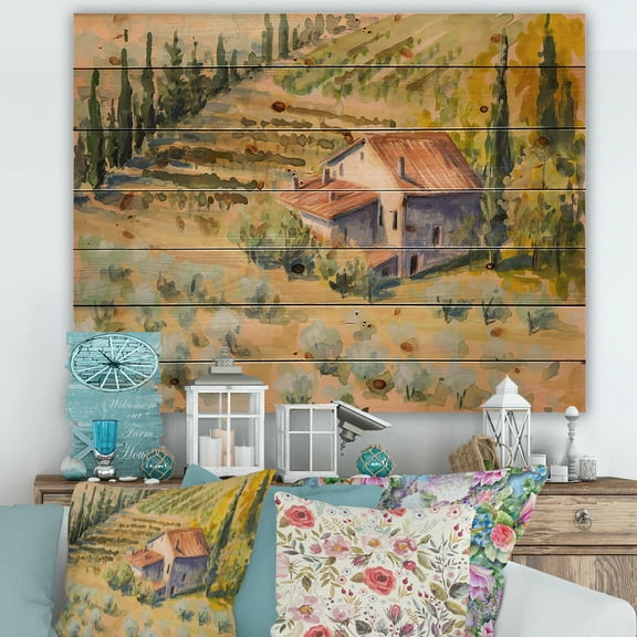 Designart 'Little Farmhouse In Countryside' Country Print on Natural Pine Wood
