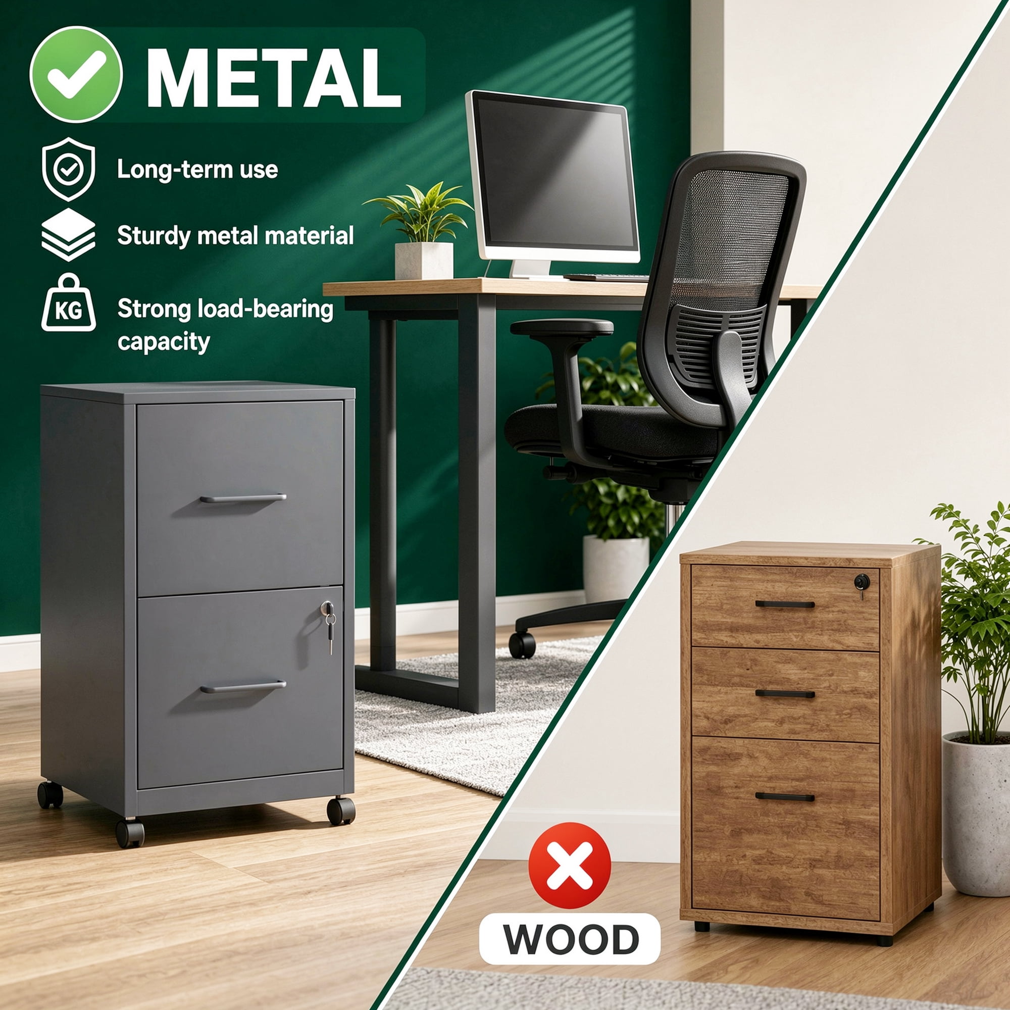 2 Drawer Lockable Metal File Cabinet WIth Wheel, Vertical Under Desk Steel Filing Cabinet with Wall Anti-Tip Kit, Heavy Duty Office Storage Cabinet for Letter/Legal Size Files, Black