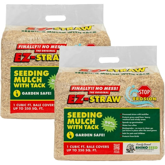 EZ Straw - Rhino Seed Straw 1 Cubic Foot Seeding Mulch Premium Processed Straw Bale with Tackifier and 250 Square Feet of Coverage (Pack of 2)