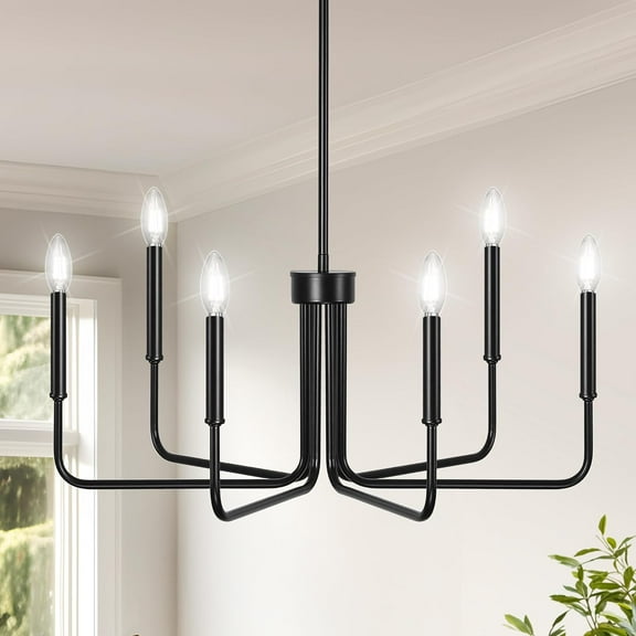 Black Chandelier, 6-Light Farmhouse Chandelier for Dining Room, Dining Light Fixtures Over Tble, Industrial Modern Chandelier for Bedroom, Hall, Kitchen, Living Room, 28in