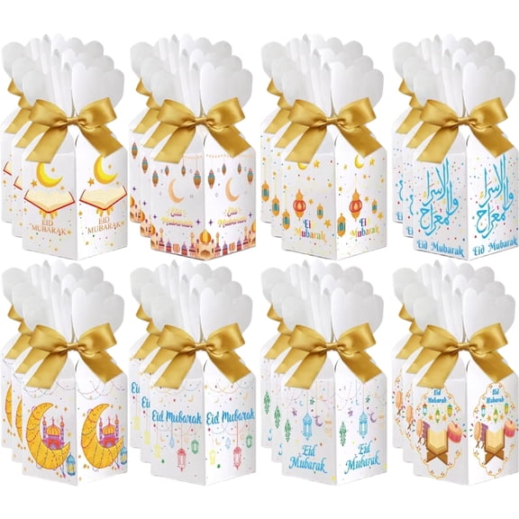 Jiibva 24Pcs Paper Candy Box Folding Candy Box with Tags Twines Paper Gift Packaging Box for Eid Fitr Gift Bags Party Festival Supplies