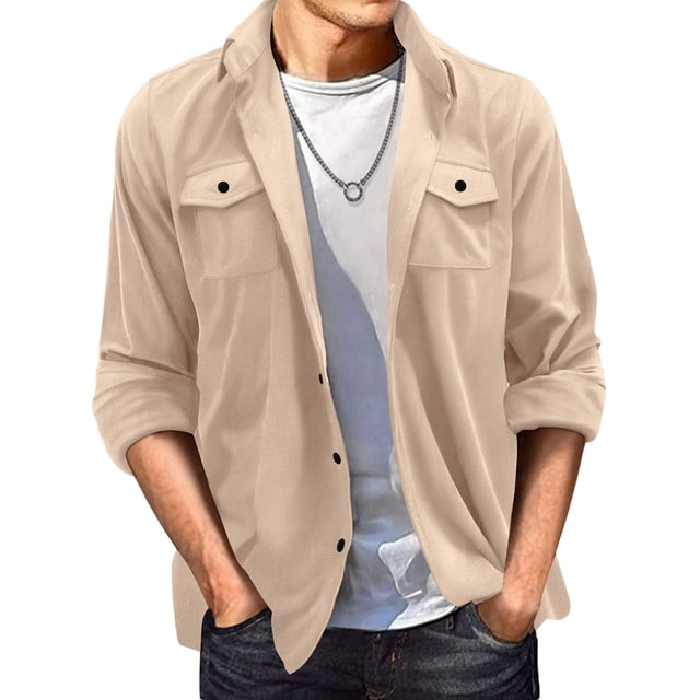 Blusa y camisa de manga larga con cuello vuelto para hombre, de gamuza, con solapa, botones y bolsillo, informal, de manga larga, sin capucha, para hombre