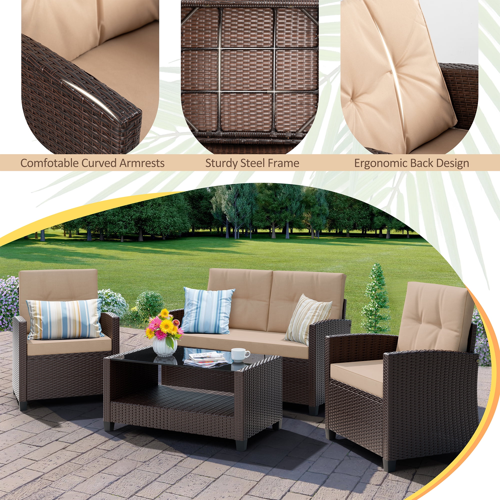 Walsunny 4 Pieces Outdoor Sectional Conversation Wicker Patio Furniture Set with Cushion Table for Backyard,Porch,Garden,Poolside Balcony,Gray
