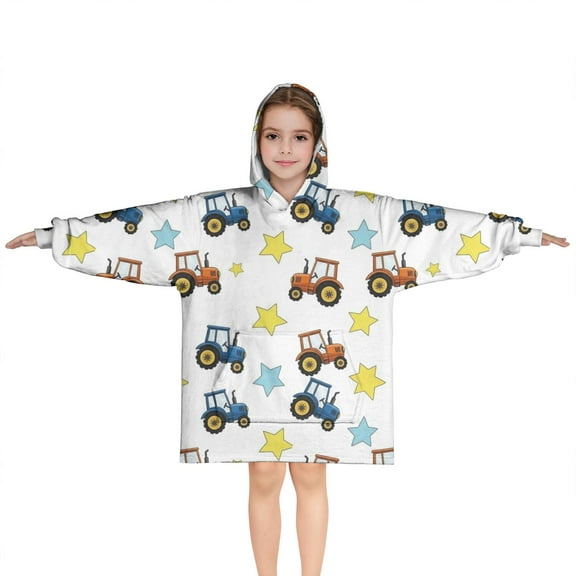 Cartoon Tractors Stars White Pattern Blanket Hoodies for Kids 6-13YR Oversize Wearable Blanket Hoodies for Boys Girls Teens
