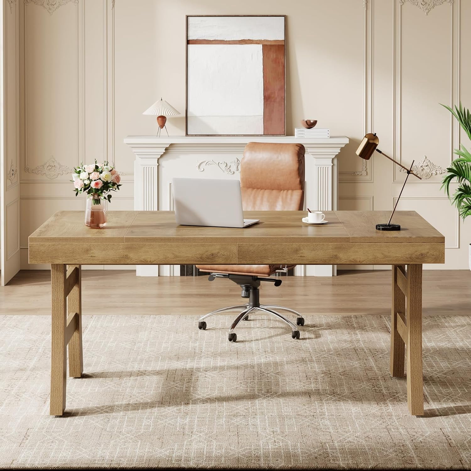 Tribesigns 63" Farmhouse Office Executive Desk, Wood Writing Table for Home Office, Light Brown