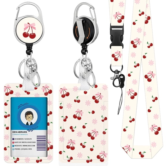 JOPJOLIW Lanyards for ID Badges, Cherry ID Holder with Retractable Scroll, Teacher Lanyard with ID Clip, Detachable Keychain, Sturdy and Durable, Gift for teachers, Nurses, Workers Office workers