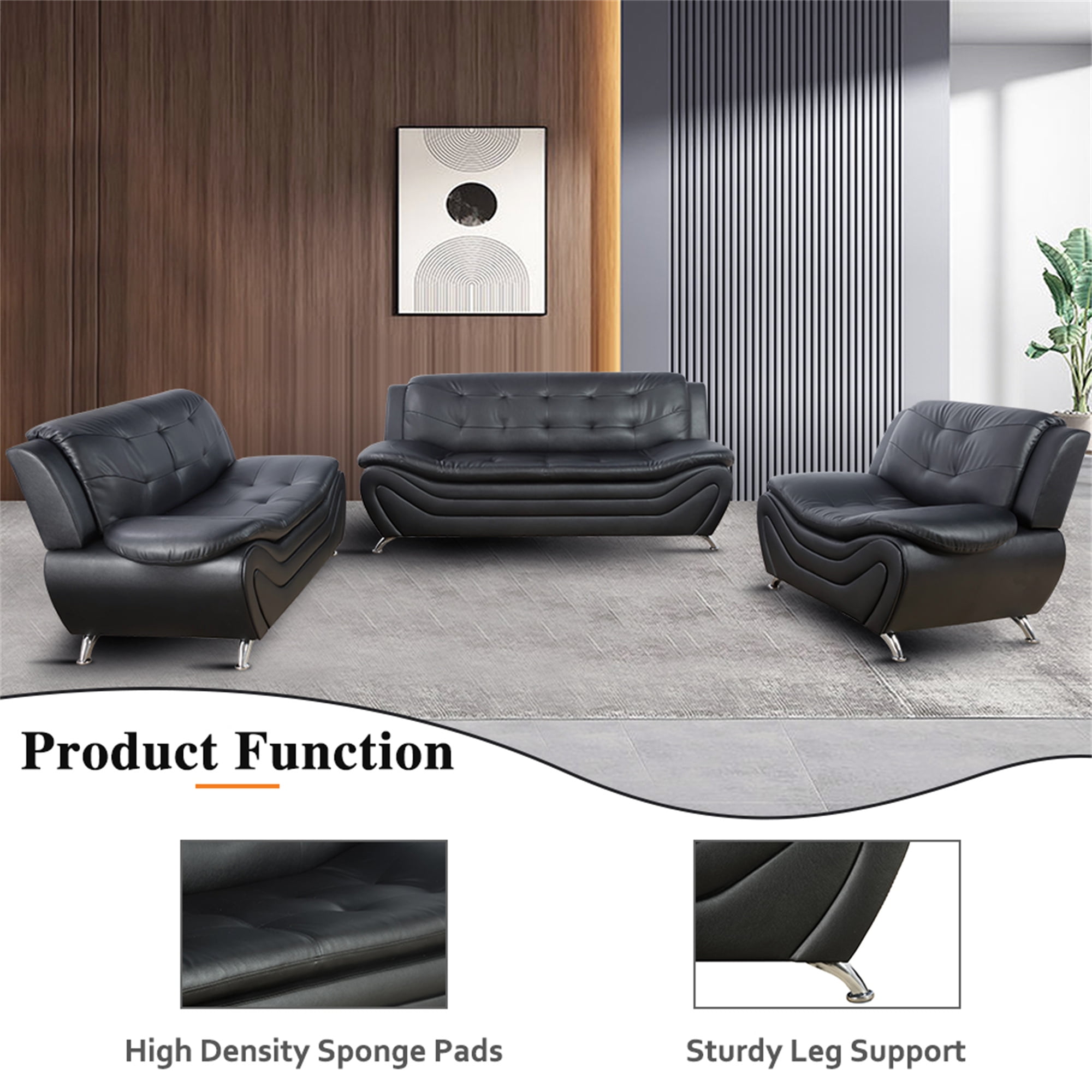 Aukfa 3 Piece Sofa Set - 60" Wide Upholstered Loveseat Couch for Living Room Bedroom, Leather, Black