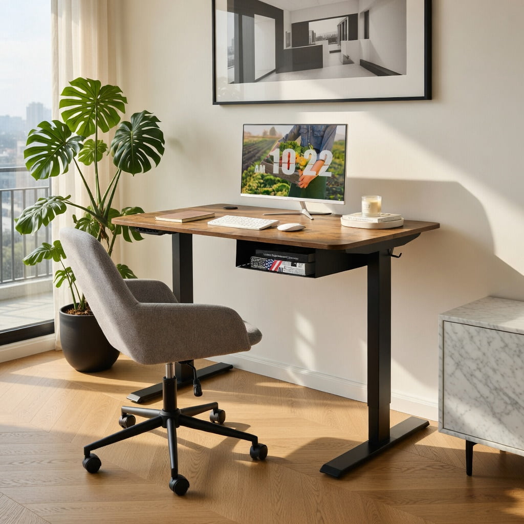Demi Bonn 48" Electric Height Adjustable Standing Desk with Control Panel, Small Home Office Desk Study Writing Table, Brown