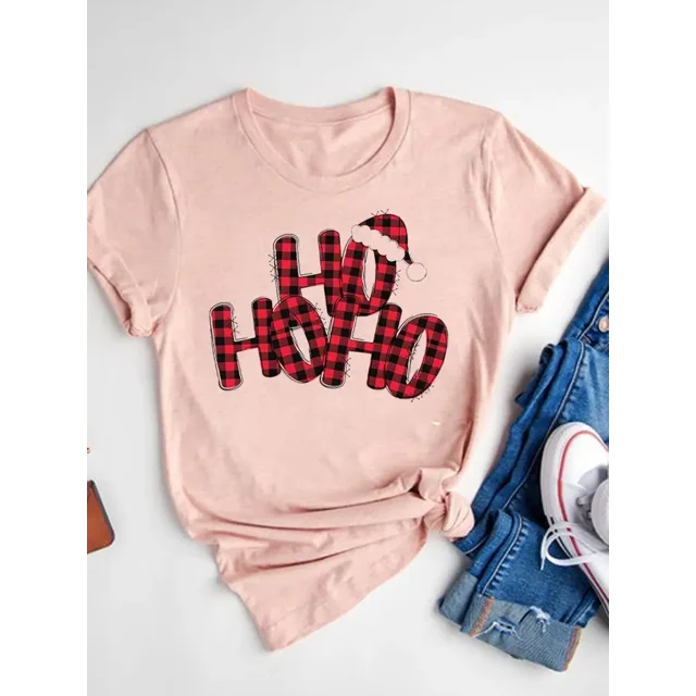 Camiseta con estampado de dibujos animados para mujer, ropa de manga corta de Navidad, moda de Año Nuevo, camisetas gráficas básicas