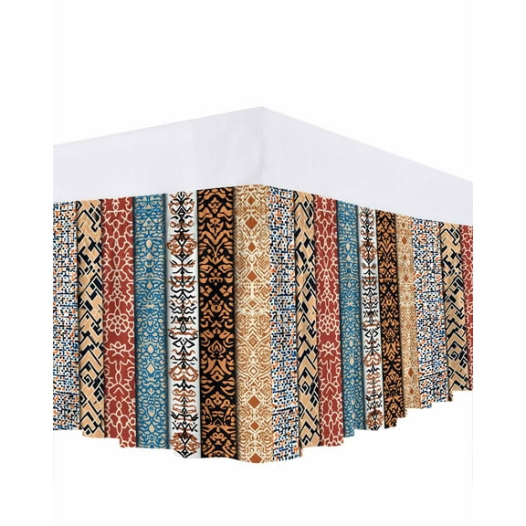 Boho Bed Skirt King Size 16" Drop Retro Ethnic Vintage Floral Geometric Splicing Ruffled Wrap Around Bed Skirts Adjustable Elastic Bedskirt Dust Ruffle for King Size Bed