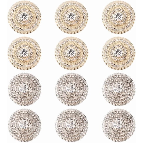12PCS 2 Style Rhinestone Metal Button 0.8 inch Flat Round Alloy Buttons Sew on Clothing Buttons Silver Gold Flatback Button Embellishments with 1-Hole for DIY Craft Decor