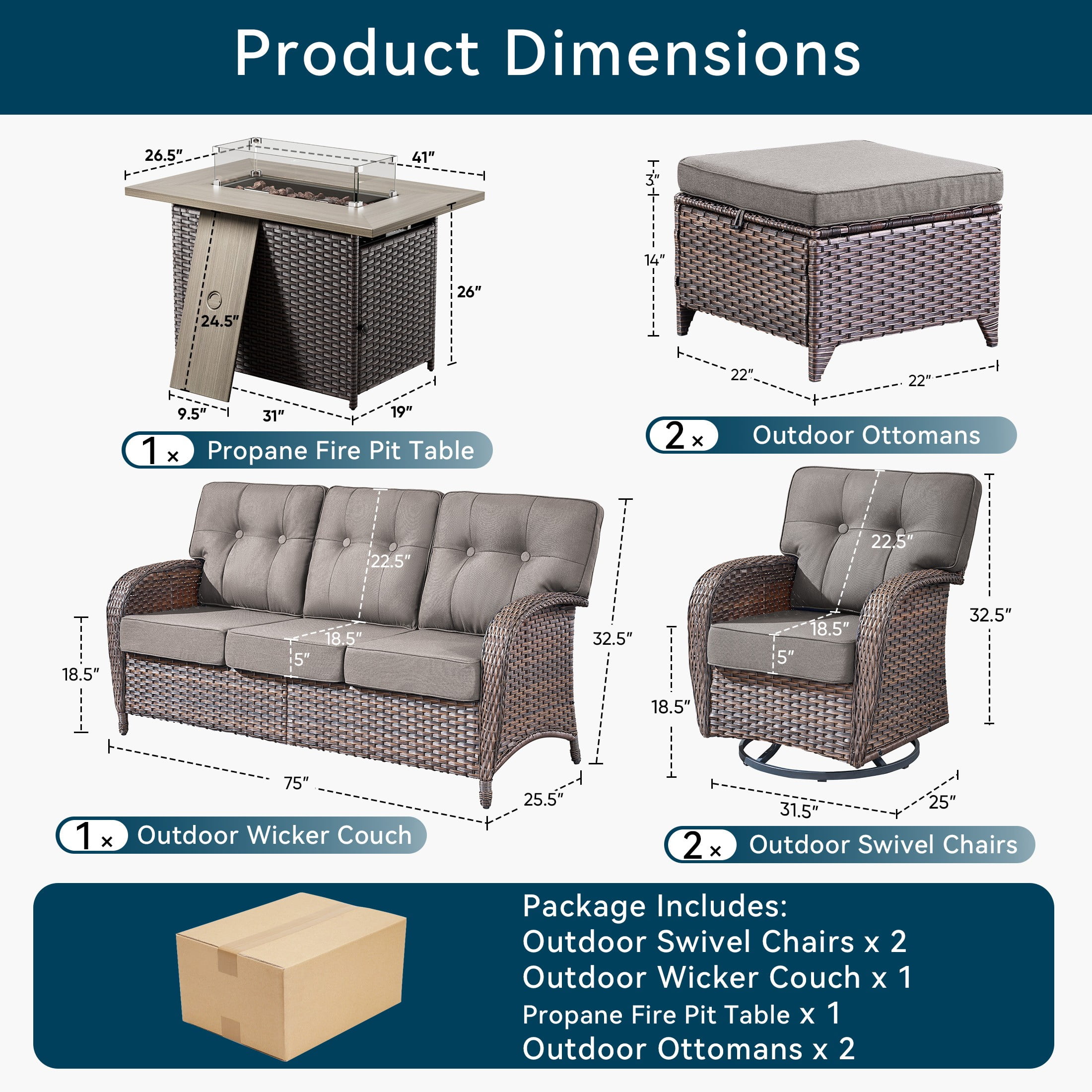 Unnifurnzi 6 Pieces Patio Furniture with Fire Pit-High Back Outdoor Wicker Sofa with Patio Swivel Glider Chair Outdoor Conversation Sets for Deck Porch Garden Balcony Poolside-Brown/Gray