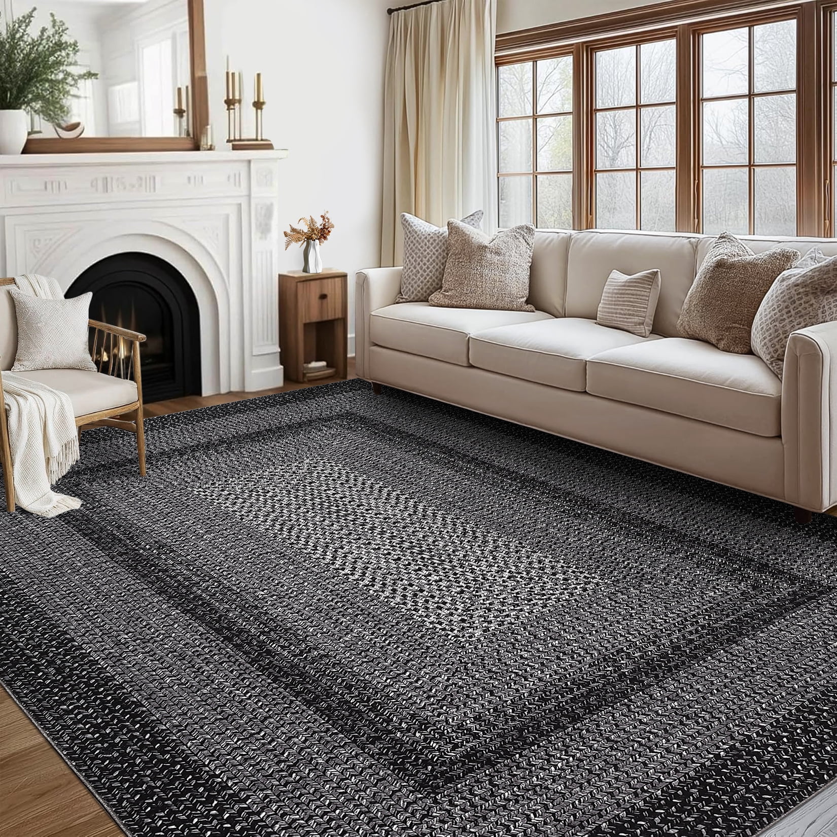 Garvee 5'x7' Printed Braided Rugs Farmhouse Bordered Carpet, Machine Washable Indoor Area Rug Non-Slip Low Pile Rugs for Living Room Bedroom Home Decor, Black