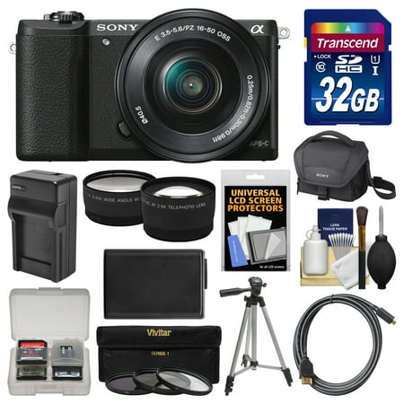 Sony Alpha A5100 Wi-Fi Digital Camera & 16-50mm Lens (Black) with 32GB Card + Case + Battery & Charger + Tripod + Filters + Tele/Wide Lens Kit