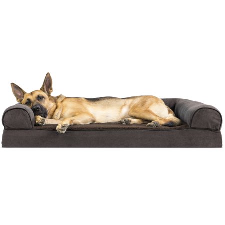 FurHaven Pet Dog Bed | Memory Foam Faux Fleece & Chenille Couch Sofa-Style Pet Bed for Dogs & Cats, Coffee, Jumbo