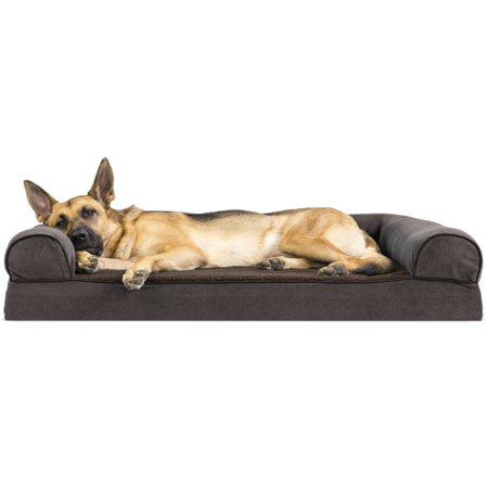 FurHaven Pet Dog Bed | Memory Foam Faux Fleece & Chenille Couch Sofa-Style Pet Bed for Dogs & Cats, Coffee,