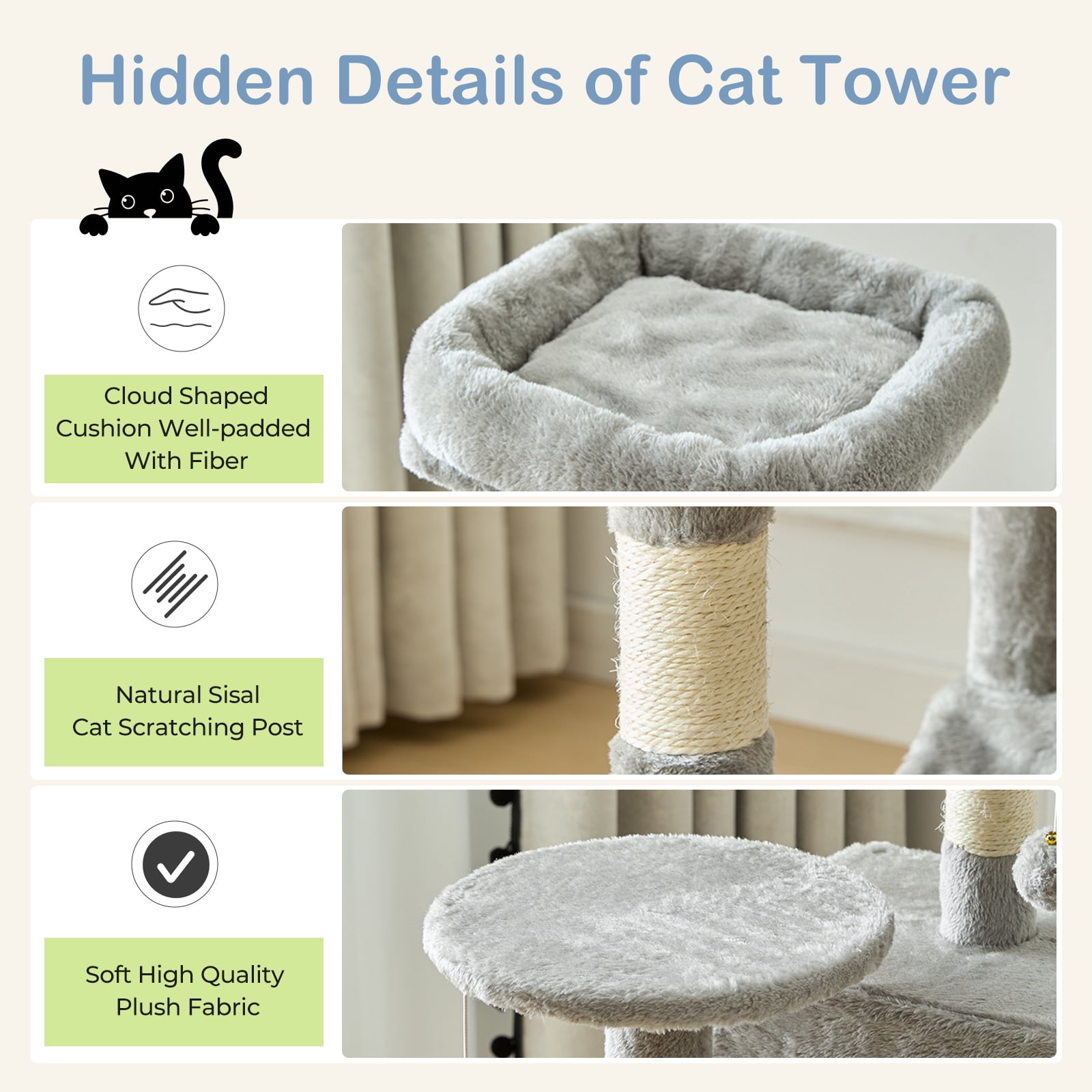GIANNA 44-Inch Cat Tower with Large Condo, Climbing Ladder, and More Cat Stuff, Light Grey