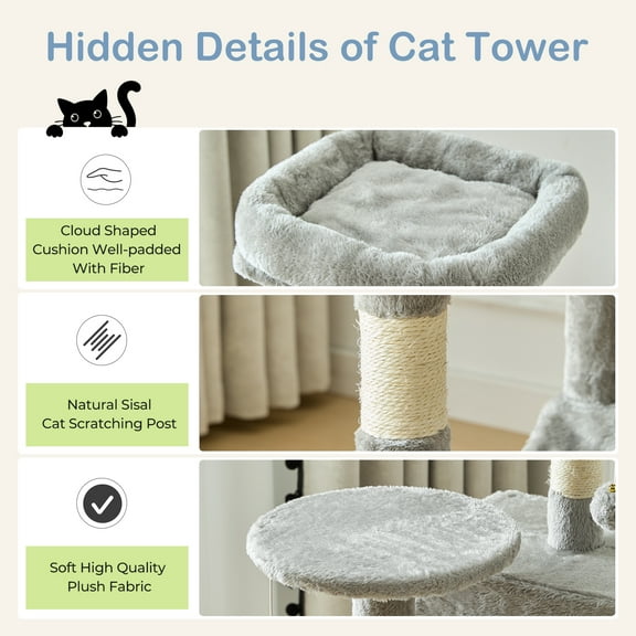 LIFERECORD 44in Multi Level Cat Tree Tower with Scratching Posts Large Top Perch and Hammock Light Gray