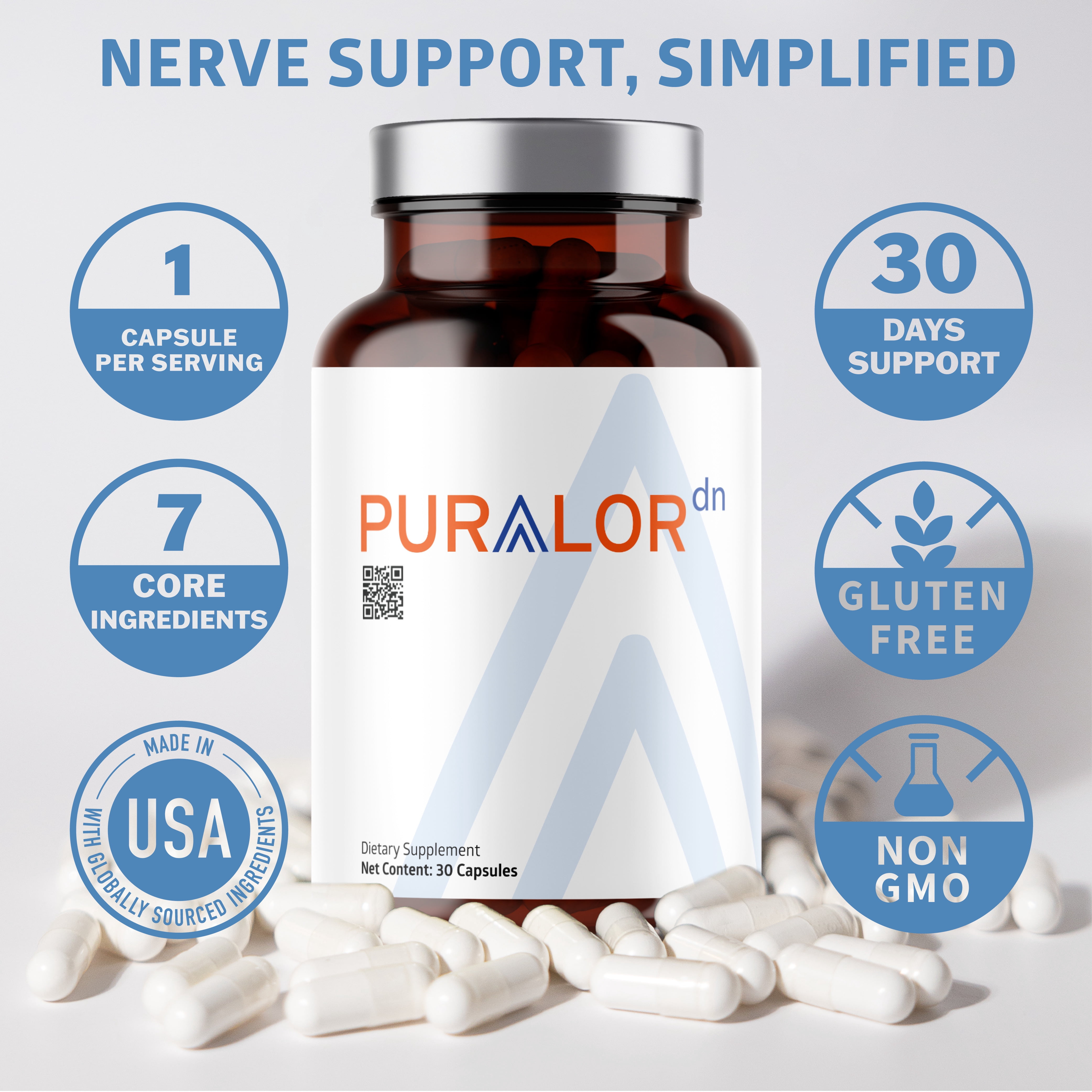 Puralor DN Nerve Support Supplement with Alpha Lipoic Acid, CoQ10, Folate, Vitamin B12 and Vitamin D3, Non-GMO, Vegan, 30 Caps