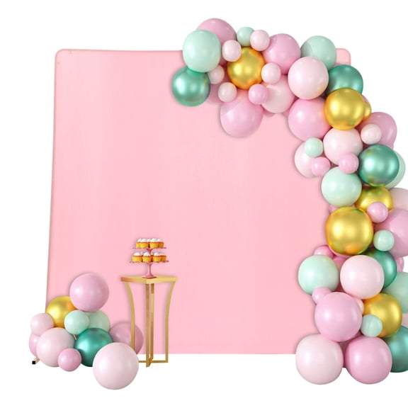6.6 x 6.6 FT Metal Backdrop Stand Arch with Cover,Square Balloon Arch Stand Garden Arbor Frame,for Birthday Party Bridal Shower Photo Booth Background (Gold Stand w/Pink Cover,6.6 x 6.6 FT)
