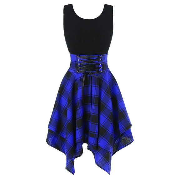 BRDFRL Skater Dresses for Women,Summer Casual Lace-up Gingham Tank Dress High Waist Pleated Dress for School Girl Blue L