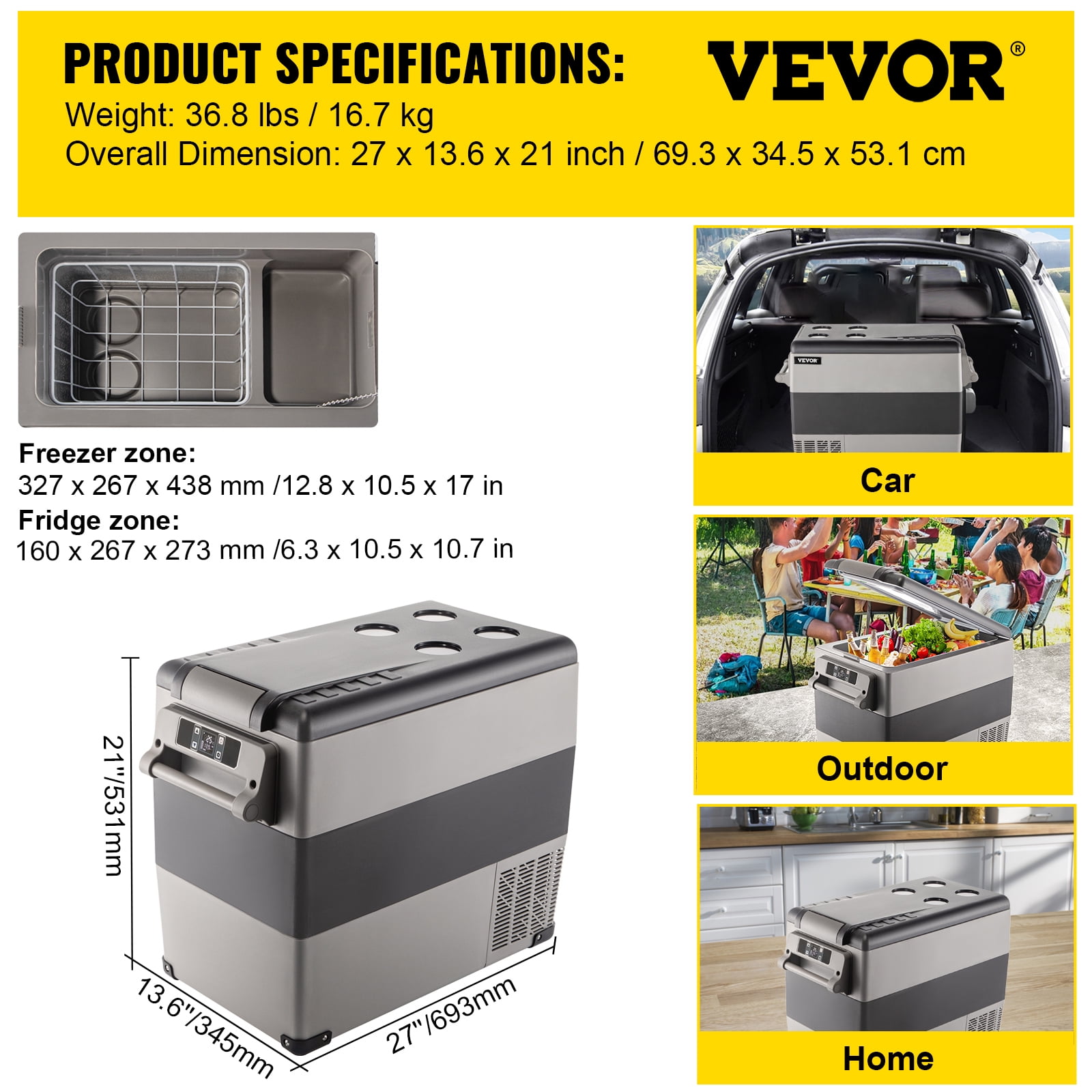 VEVOR 12 Volt Refrigerator, 58 Qt Car Refrigerator, Dual Zone Portable Freezer, Cooler Compressor Freezer with 12/24V DC and 110-240V AC, Freezer Fridge Cooler,for Car