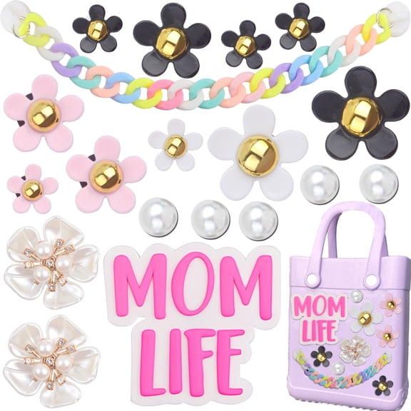 19pcs Cute Flower Pearl Chain Charms for Bogg Bag, Momlife Insert Charm Decorations Must Have Accessories for Women Rubber Totes Beach Bags Handbags