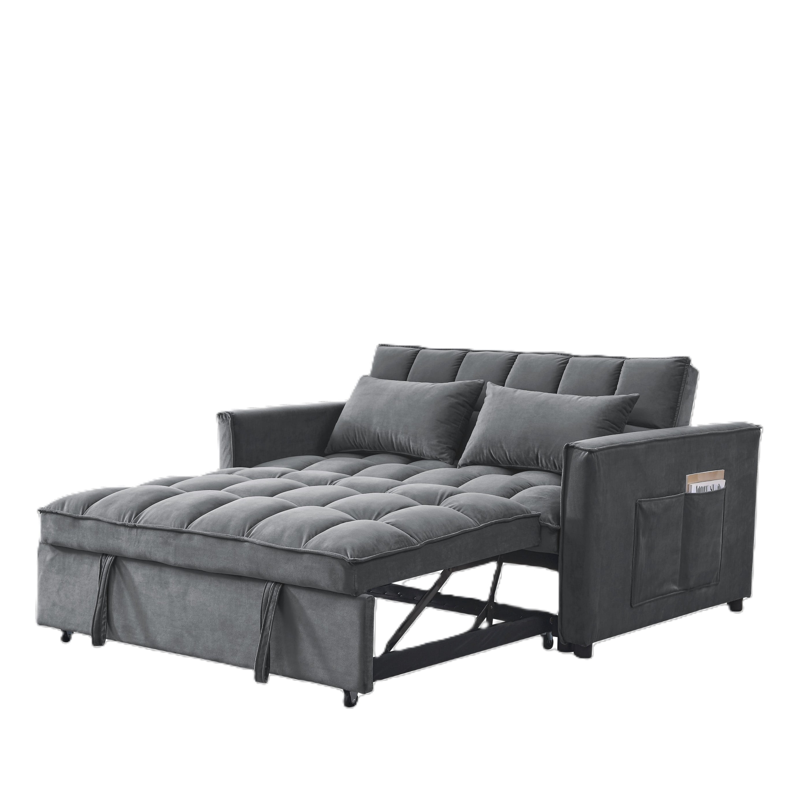 BSHTI 54" Pull-Out Sleeper Sofa Bed, Twin Size with Solid Wood Frame, 3-Position Reclining Back, Velvet Upholstery with Piping, Side Pocket Storage, 2 Pillows Included,Dark grey