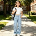 thumbnail image 5 of Cethrio Girls Cargo Pants, Multiple Pockets Casual Relaxed Fit Elastic Waist Straight-leg Pants Blue Size 9-10 T, 5 of 5