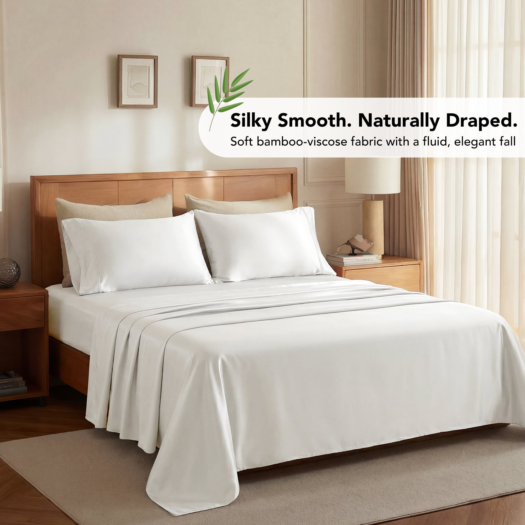 Deconovo Bed Sheets Set - Soft Cooling Bamboo Fiber 4 Piece Breathable Eco-Friendly Moisture-Wicking Bedding, White, Queen Size
