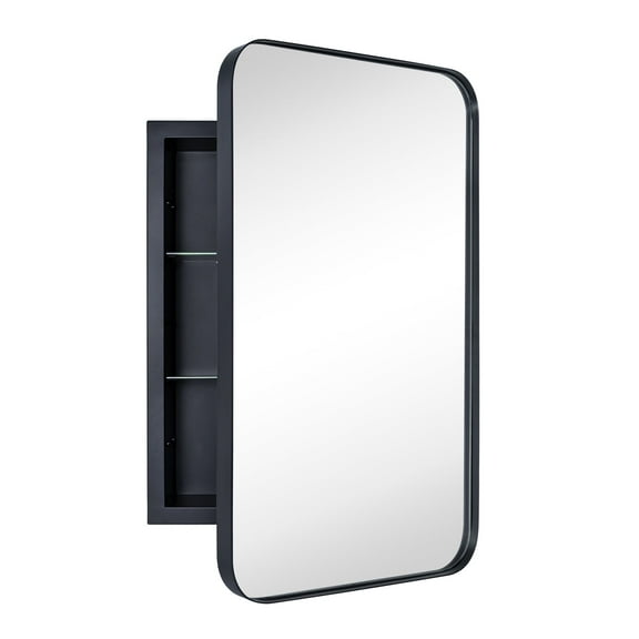 TEHOME Black Rectangle Recessed Bathroom Medicine Cabinet with Mirror Stainless Steel Metal Framed Rounded Rectangular Bathroom Cabinet with Mirror 16x24''