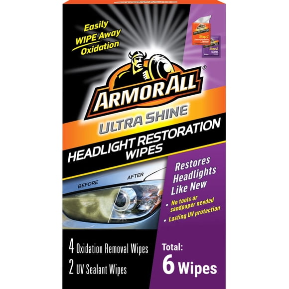 Trousse de Restauration de Phares par Armor All, Lingettes de Nettoyage pour Voiture pour Camion, Moto et Phares de Voiture, Comprend 4 Lingettes Détachantes d'Oxydation et 2 Lingettes Scellantes UV, 6 Lingettes pour Voiture au Total