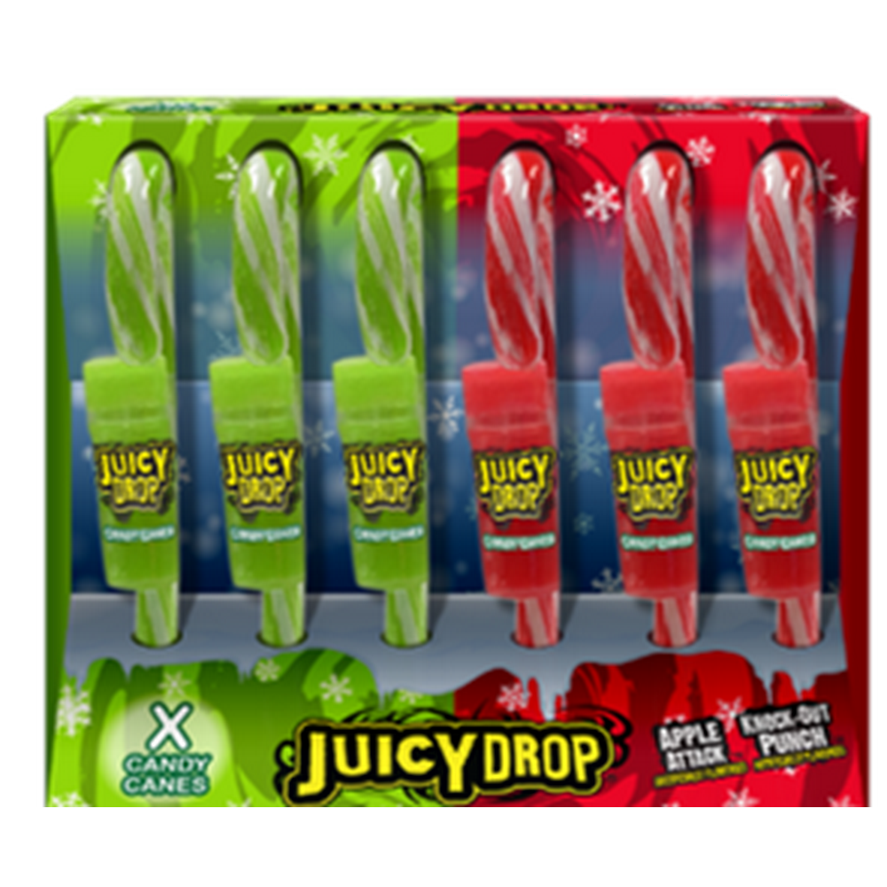 Bazooka (1) Box Juicy Drop Candy Canes with Gel Candy Apple Attack