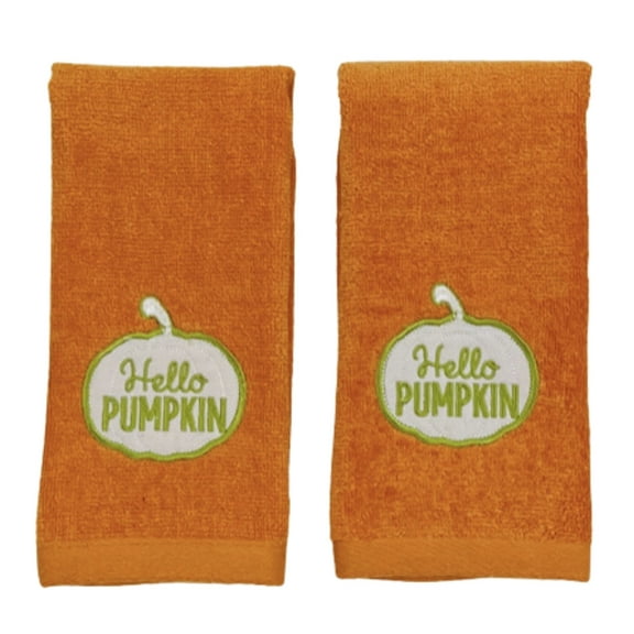 Serafina Home Fall Fingertip Towels: Hello Pumpkin Design On Plush Orange, 2 Piece Set, 11" x 18" Inch