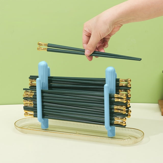 Uklsqma Rinseable Chopstick Organizer Rack | Cactus Design Cutlery Holder | Easy to Clean Plastic Storage with Drainage Tray | Humidity Protected Dry Kitchen Utensil Stand for Chopsticks and Forks